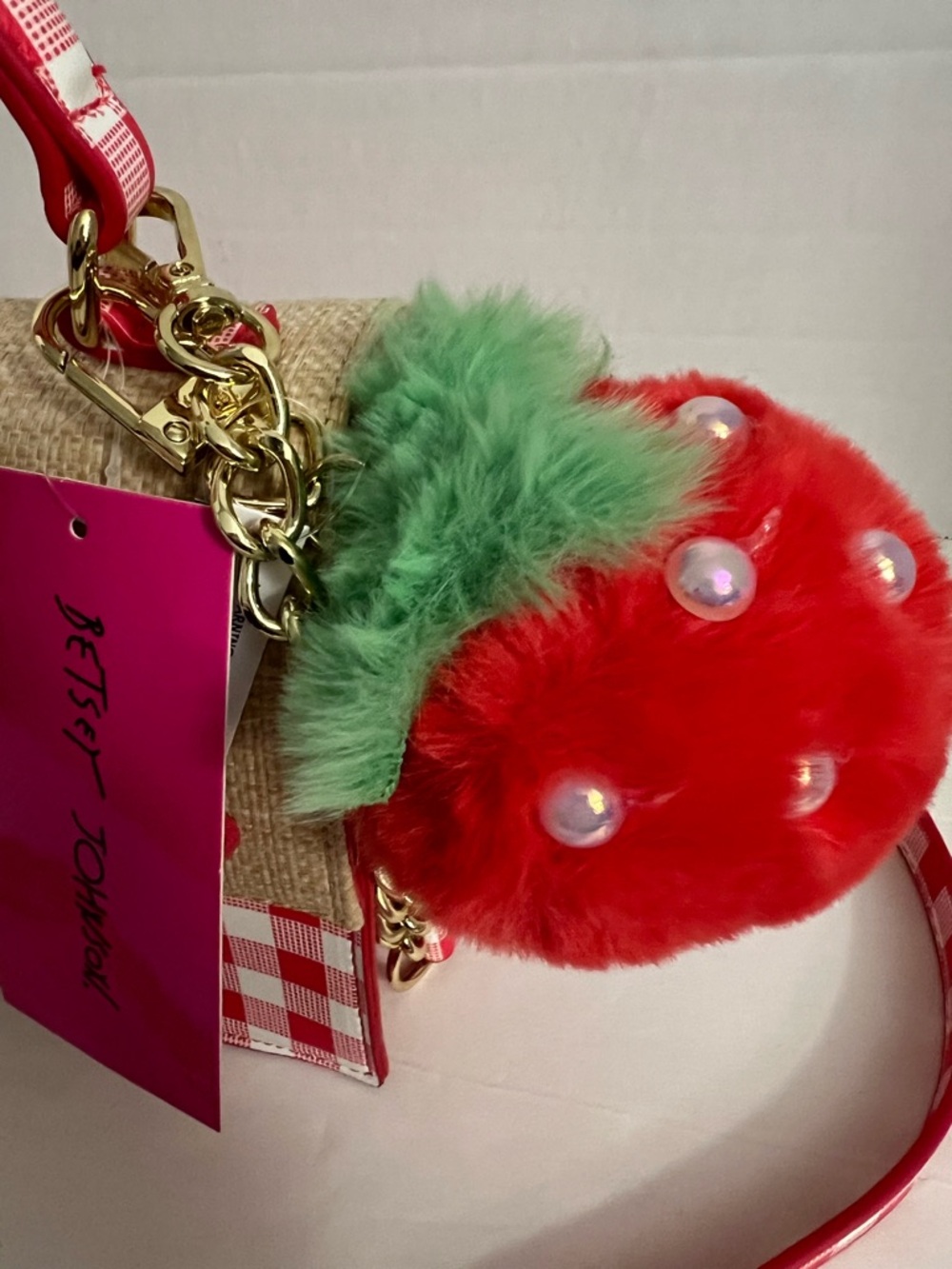Betsey Johnson Red Gingham Strawberry Charm Crossbody Bag - Picture 12 of 16